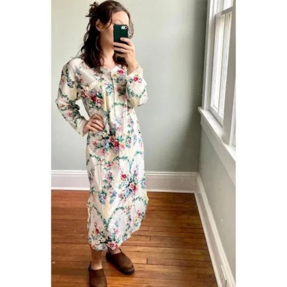 Vintage 90s Floral Henley Bow Nightgown Grunge Cottagecore Midi Dress - Picture 7 of 9